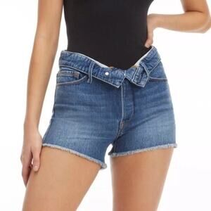 Good American Foldover Waist Cut Off Shorts Blue684 Size 29